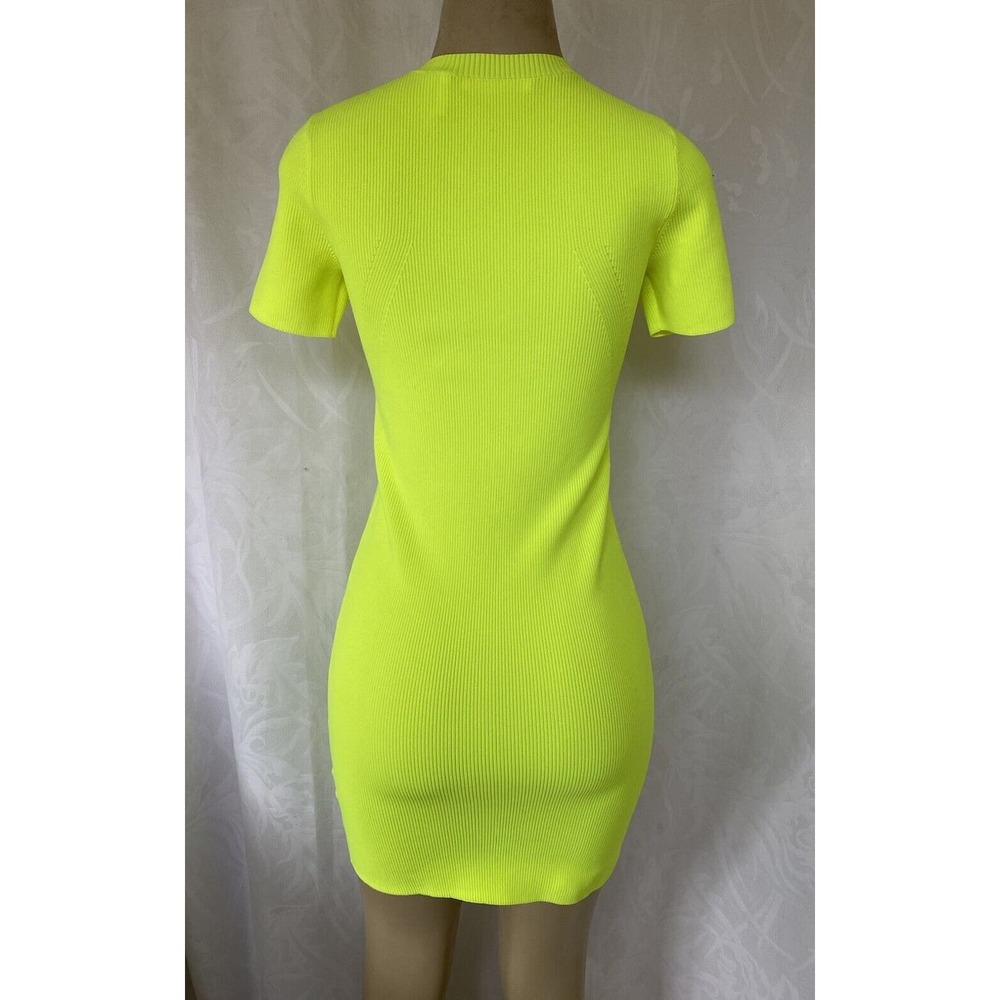 Helmut Lang Neon Yellow Mini Dress Ribbed Knit Sheath Short Sleeve Crew … - Picture 3 of 7